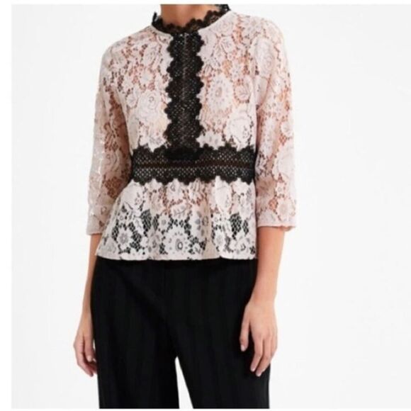 Zara Beige & Black Contrast Trim Lace Peplum Blouse Femme Old Money Style Size S - Picture 2 of 9
